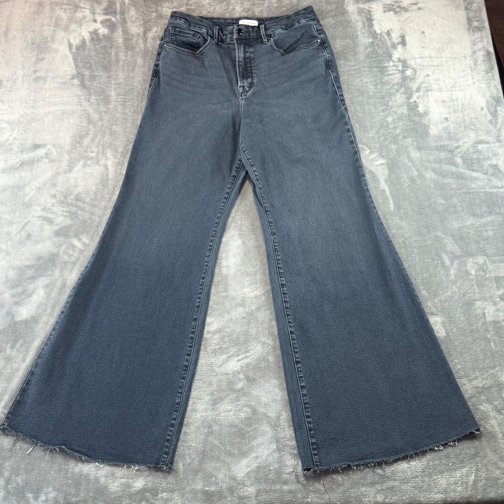 Good‎ American Good Flare Jeans Washed Black High Rise Raw Hem Size 14/32